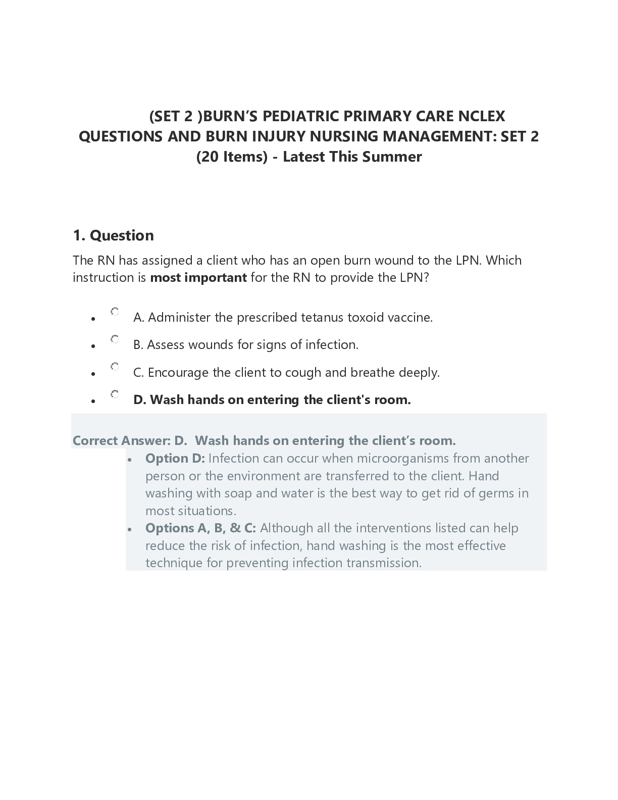 Preview image for (SET 2 )BURN’S PEDIATRIC PRIMARY CARE NCLEX QUESTIONS AND BURN INJURY NURSING MANAGEMENT: SET 2 (20 Items) - Latest This Summer